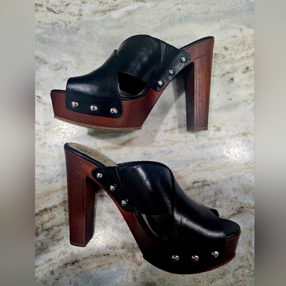 Vince Camuto Black Leather Mules with Brown Wooden Heel